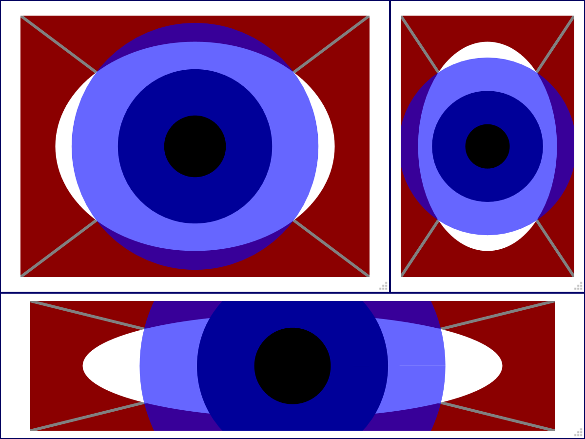 Three browser panels with scroll bars, each containing variations of the same figure: dark red rectangle with a white ellipse, and a circle on top that is solid black in center, dark blue surrounding, then transparent blue. The top panel is full width of the figure, the bottom two panels are the same height but one is 2/3 the width and the other 1/3 width. The rectangle and ellipse adjust to fill the panel, but the circles overflow it in the more stretched-out panels.