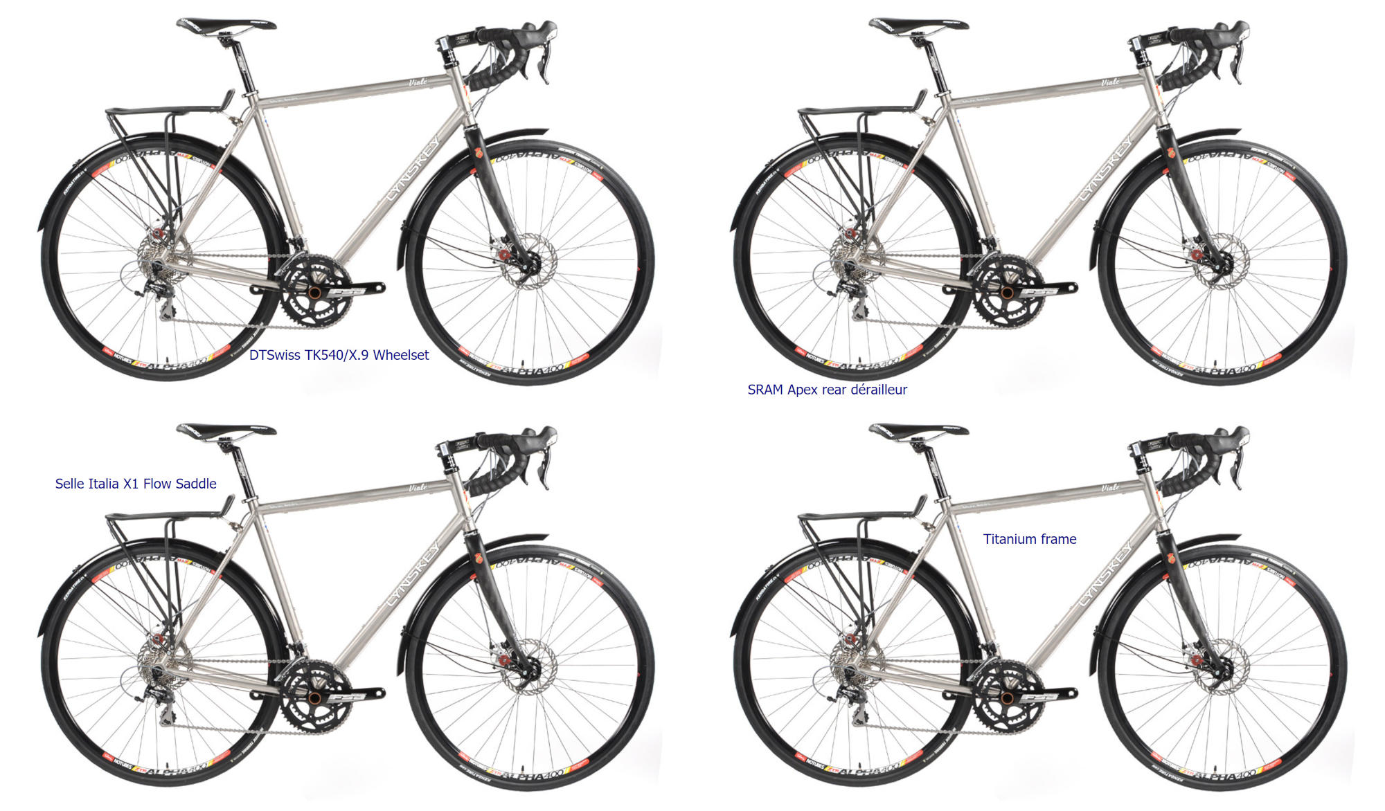 Four versions of the labelled bicycle, with only one label visible in each.