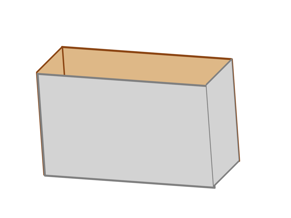 A structure that approximates an open box with gray outside surfaces and brown inside surfaces.  Relative to the previous box, the sides appear shallower, and the entire structure is tilted at an angle.