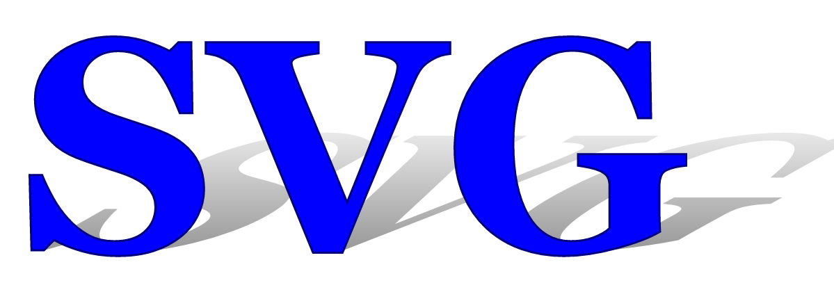 The letters SVG in large blue text. Behind, the 'shadow' of the same letters, in gray fading to white.  The shadow is more strongly angled than in the previous figure, stretching out to the edge of the page.