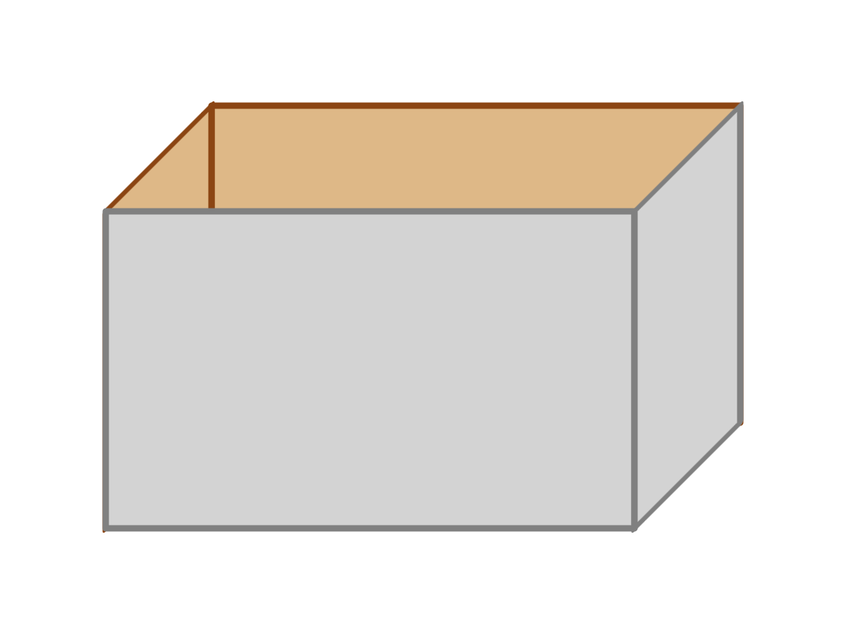 An approximate drawing of an empty box. The front and right sides visible from the outside (in gray), and parts of the inner surface of the back and left side (in brown) visible behind them. The left and right sides of the box are drawn as parallelagrams, angling away from the front. The back rectangle is offset vertically, relative to the front, in order to match the angled sides.