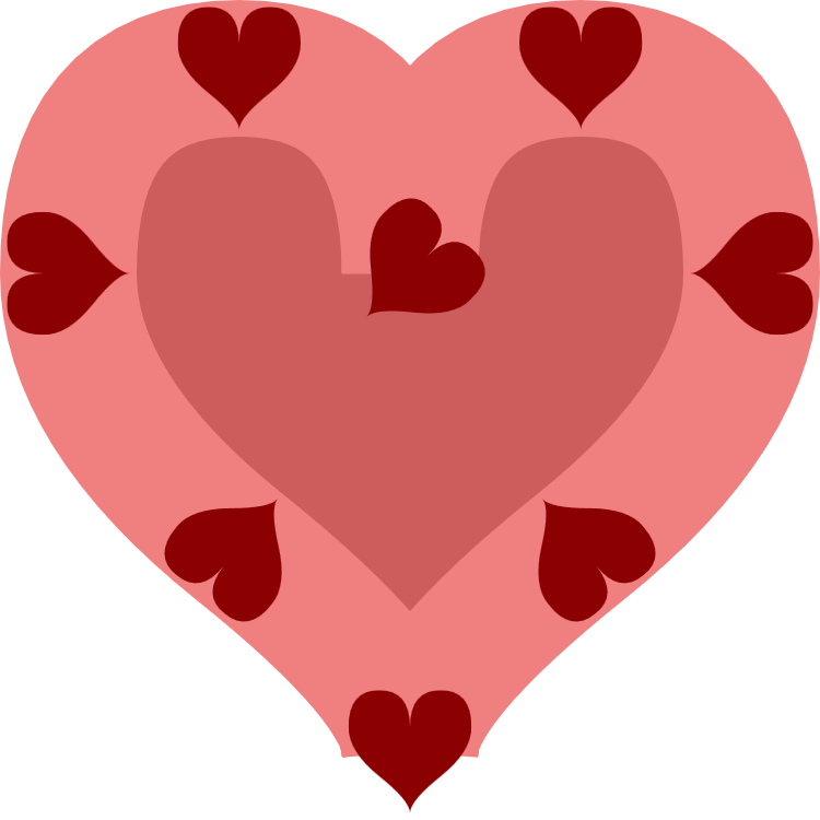 A copy of the heart icon in dark pink with a thick stroke in light pink.  Positioned mostly inside that stroke are additional hearts in red, at the top and sides of the lobes, and at the points where the two sides of the heart join together.