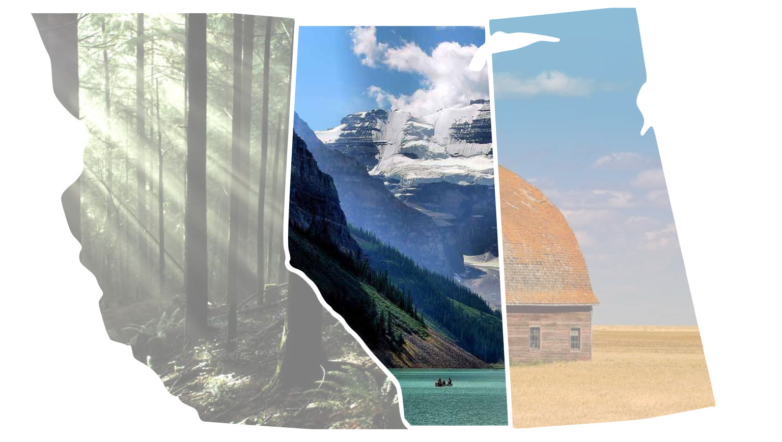 Three photographs: sunlight forest, a mountain lake, and a prairie farm field, each clipped to fit an artistic approximation of the map-shapes of Canada's three western-most provinces (British Columbia, Alberta, and Saskatchewan).  The forest and the field are faded out; the mountain scene is drawn in full color.  The shapes are such that if the photographs were full rectangles, they would overlap.  Diagonal lines in the photographs are aligned to provide visual continuity between the very different scenes.