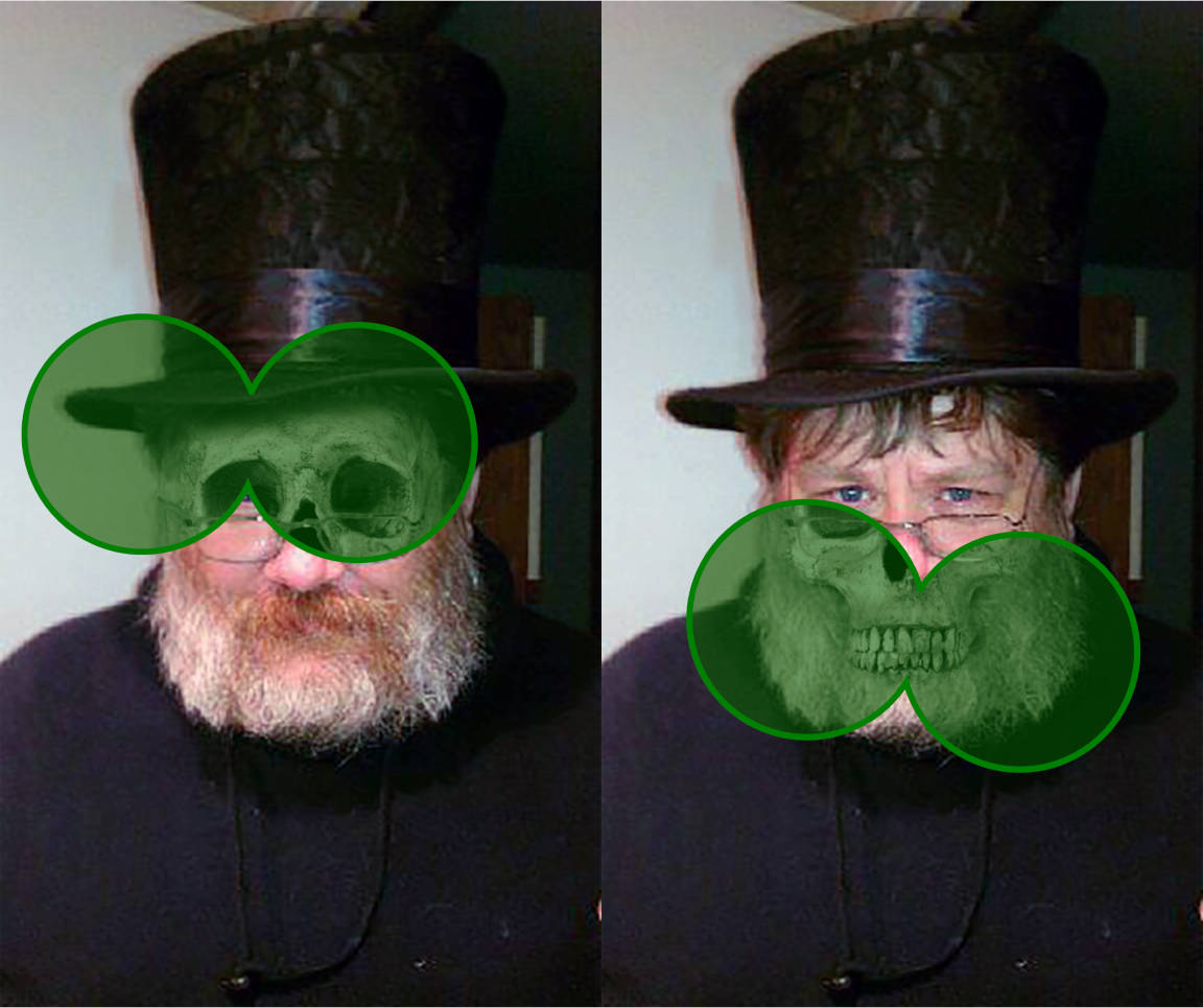 Two copies of a photograph of Kurt in a top hat.  At different positions on each is a green outline of two side-by-side circles, like binoculars.  Through the binocular outline, the photograph is somewhat different: still a man in glasses and a top hat with a bushy white beard, but instead of rosy cheeks and crinkled eyes there is an empty skull with grinning teeth.