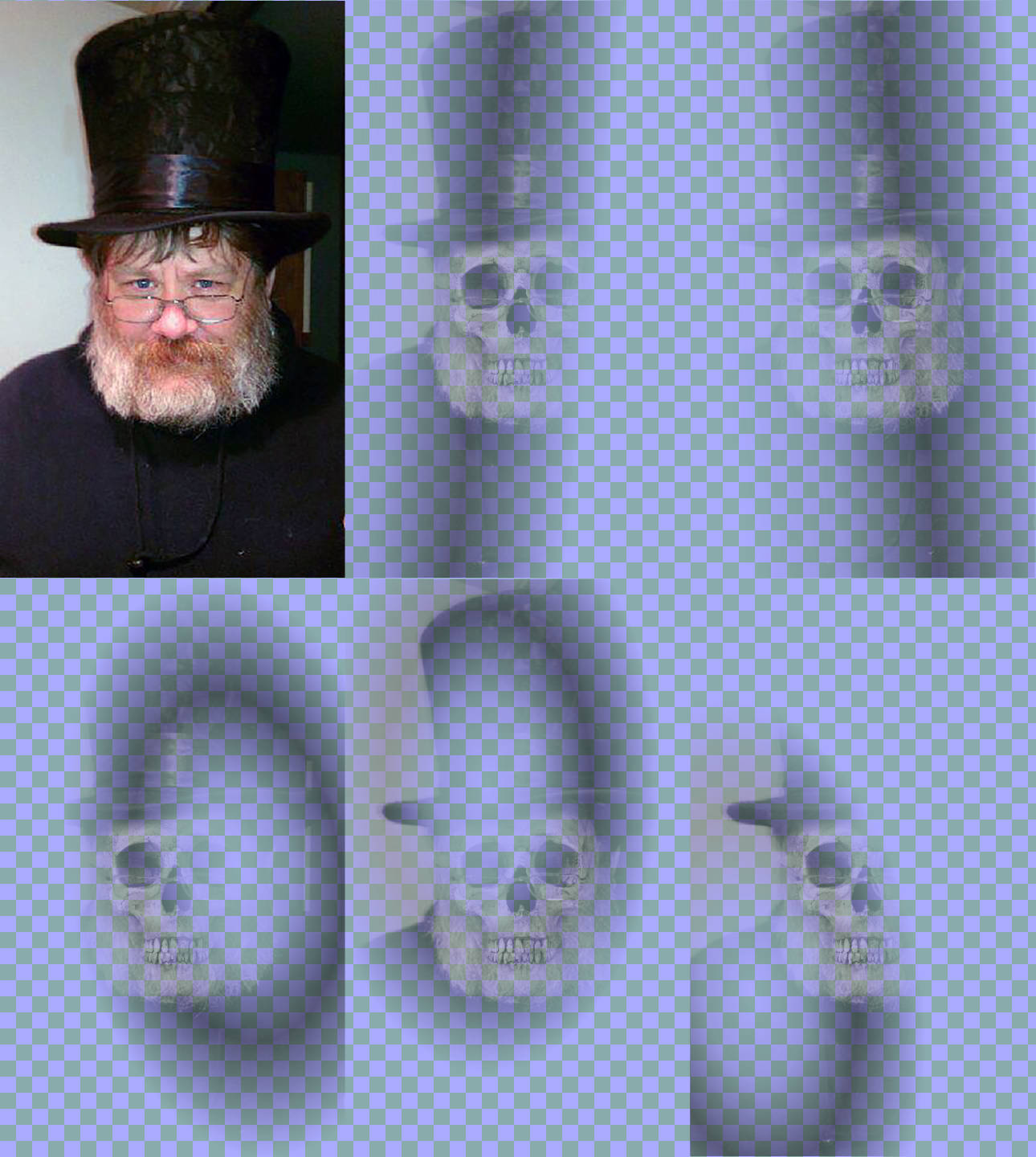 The base photograph of Kurt in a top hat, and then five different versions of the black-and-white skeleton image.  Each of the skeleton images is mostly transparent (with the checked background showing through).  The visible parts of each are in a different stripe or a ring shape, with faded gradient edges.
