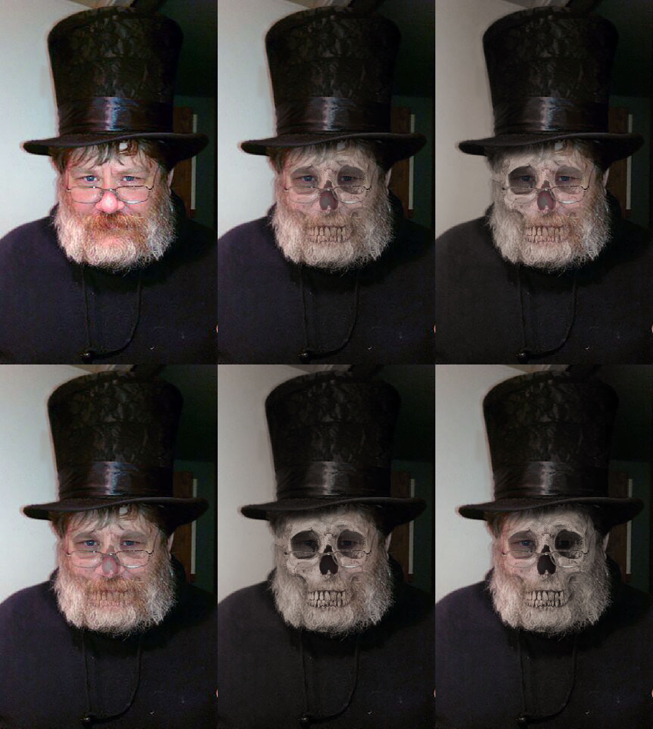 Six different versions of the photograph of Kurt in a top hat.  In each frame, there is more or less of a gaping skull visible, blended in with his face.  In some frames, the skeleton is more visible on one side, in some on the other.